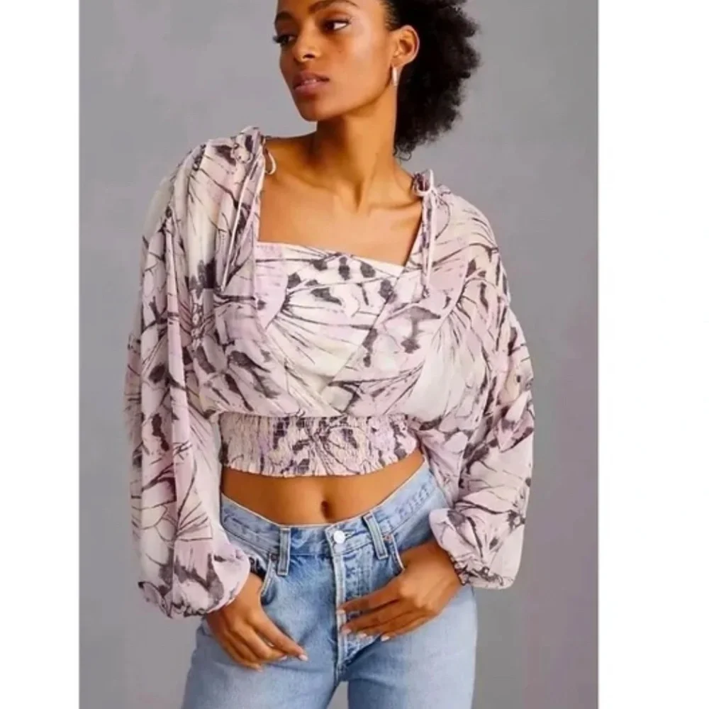 NEW By Anthropologie Sheer Peasant Long Sleeve Mock Layer Top Purple Motif LARGE